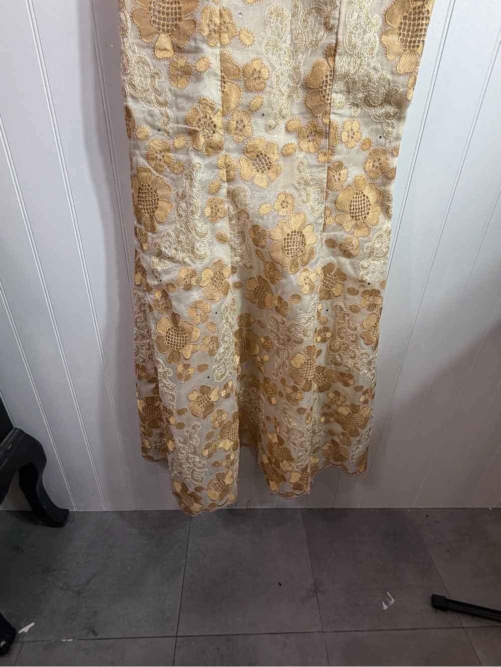 Vintage Gold Floral Embroidered Mermaid Maxi Dress Formal Gown Small Boho Glam - Picture 4 of 10